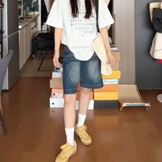 大码五分牛仔短裤女夏季薄款胖宽松小个子阔腿低腰显瘦直筒中裤，男装牛仔裤，星座1210-1