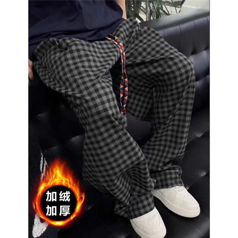 慵懒休闲古着vintage裤子男黑灰色格子裤春秋薄款日系复古直筒裤，男装休闲裤，星座506A
