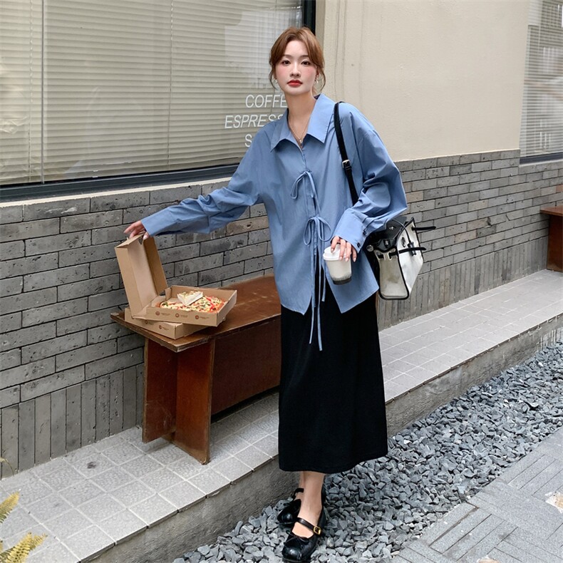 蓝色蝴蝶结系带衬衫套装裙女2025秋季新款设计感背心连衣裙两件套图片