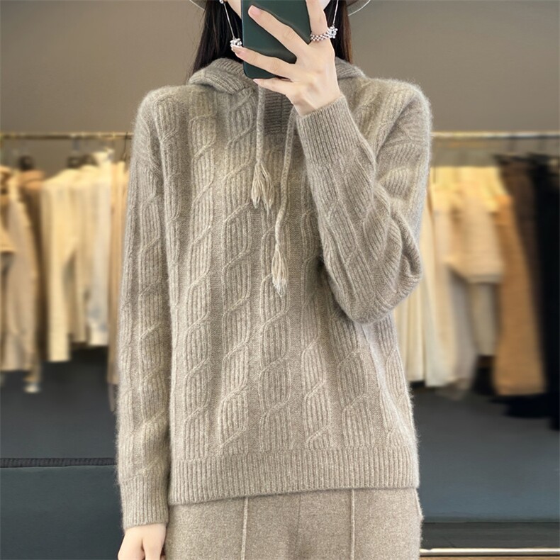 连帽纯色套头长袖羊毛2024年秋季针织衫,女装羊毛衫,羿纯羊绒