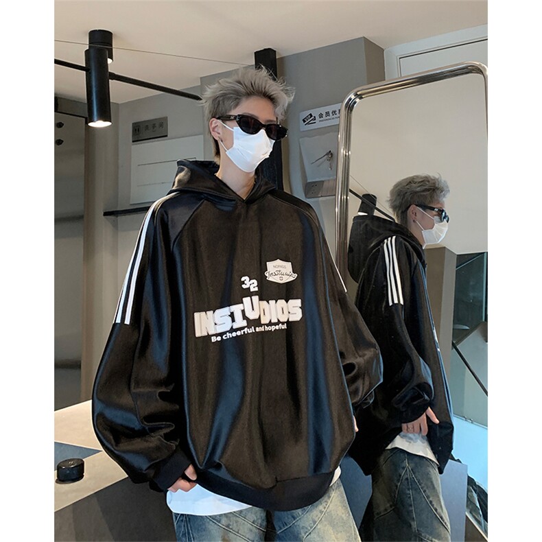 条纹亮面卫衣男美式高街重磅外套春秋连帽衫 XZ514-2-24223-P78图片