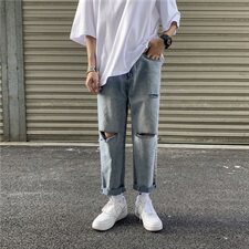 现货港风chic韩版休闲九分裤简约破洞牛仔裤修身小脚裤KZ11，男装牛仔裤，星座1008