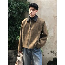 美式复古老钱风pu皮拼接短款夹克男秋冬季高级感cleanfit毛呢外套，男装夹克，四季星座505