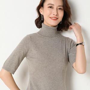 半高领短袖针织衫女短款套头五分袖打底衫图片