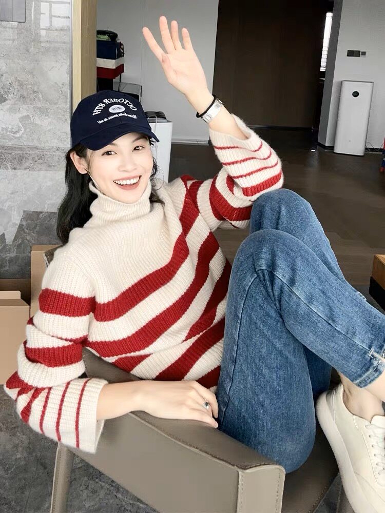 秋冬新品拼色高领宽松长袖针织衫时尚百搭显瘦毛衣，女装针织衫/毛衣，美莎羊绒
