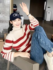 秋冬新品拼色高领宽松长袖针织衫时尚百搭显瘦毛衣，女装针织衫/毛衣，美莎羊绒