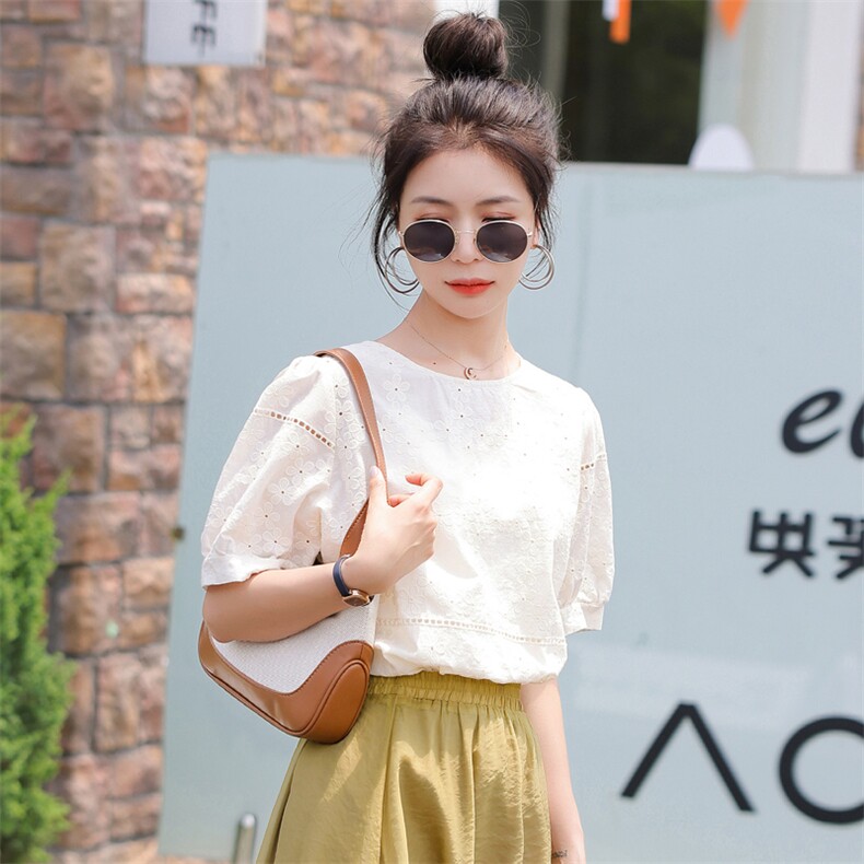 2022夏装新款舒适全棉提花短袖上衣,女装蕾丝衫/雪纺衫,木子恋