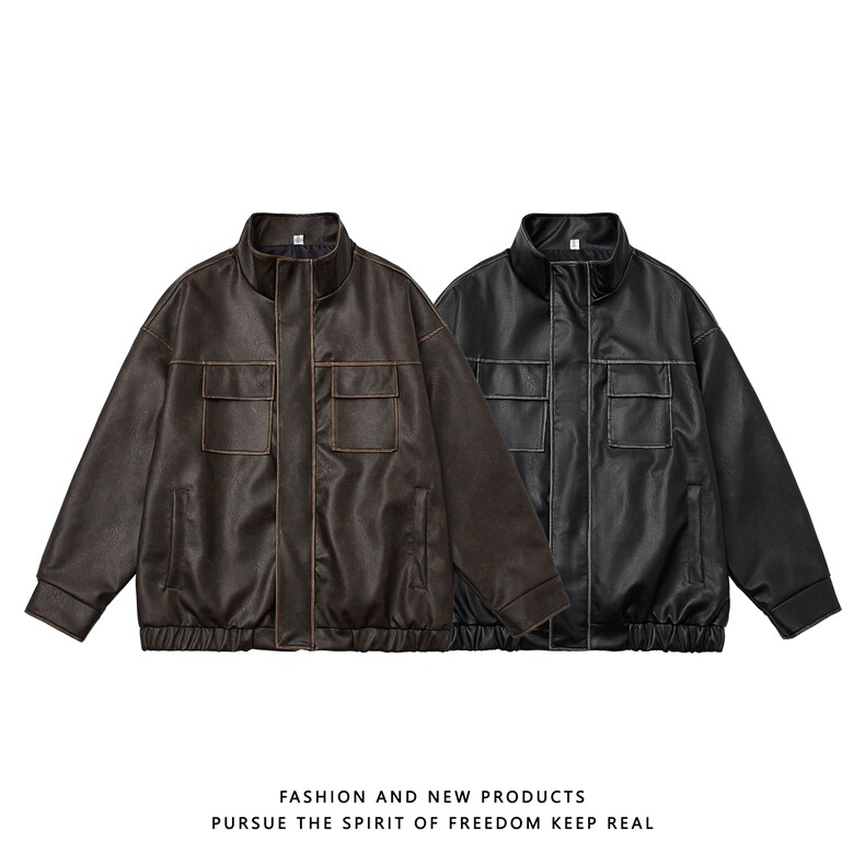 PY100-P120-控158M-3XL春季新款大码擦色做旧高级PU皮夹克外套，男装夹克，电商A036A