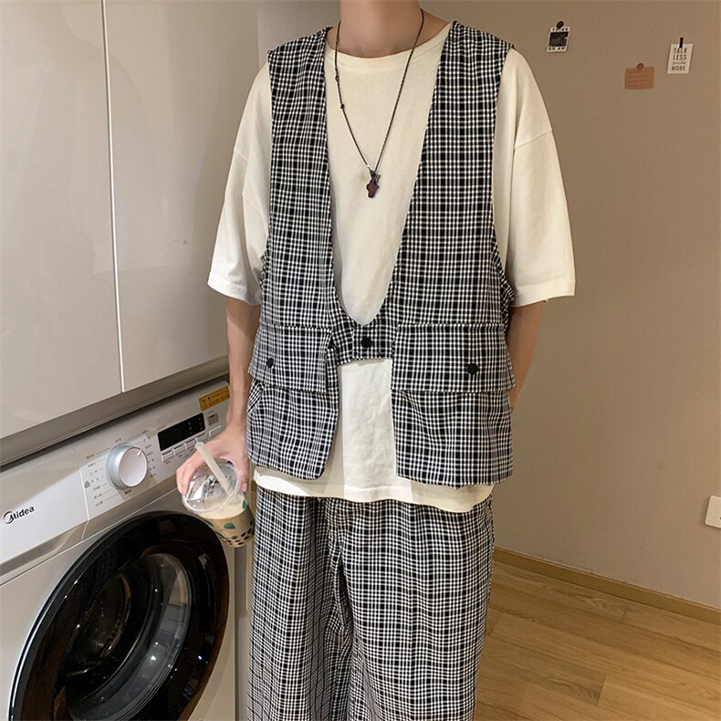 2021韩ins设计感格子马甲短裤套装男坎肩五分裤两件套W987-P55,男装背心/马甲,星座512-2
