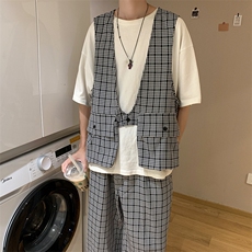 2021韩ins设计感格子马甲短裤套装男坎肩五分裤两件套W987-P55，男装背心/马甲，星座512-2