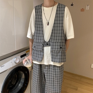2021韩ins设计感格子马甲短裤套装男坎肩五分裤两件套 W987-P55图片