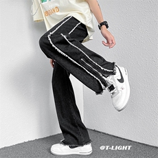夏款裤子高街潮ins毛边拉链开叉牛仔裤男vibe风微喇裤N01299-P43，男装牛仔裤，星座308B-1