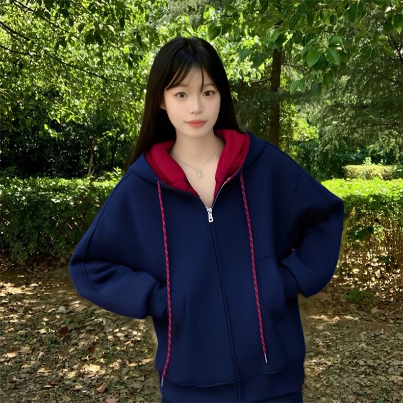 抖音得物二开美式高街重磅结构双层撞色连帽卫衣开衫外套W116,女装短外套,电商A486-1