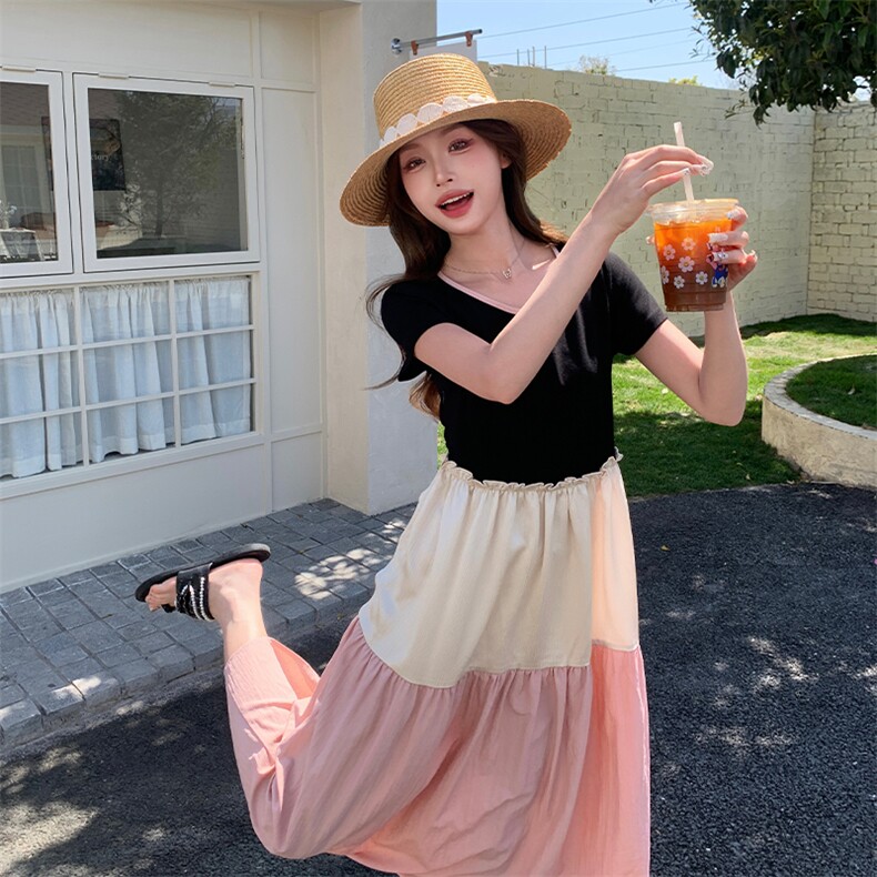 少女风韩系木耳边拼接连衣裙女夏2025新款多巴胺穿搭独特漂亮长裙,女装连衣裙,2C123