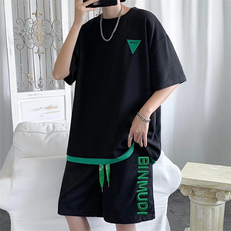 休闲运动套装男夏季华夫格潮牌短袖t恤男两件套短裤一套TZ015-P45,男装休闲套装,星座308B-1