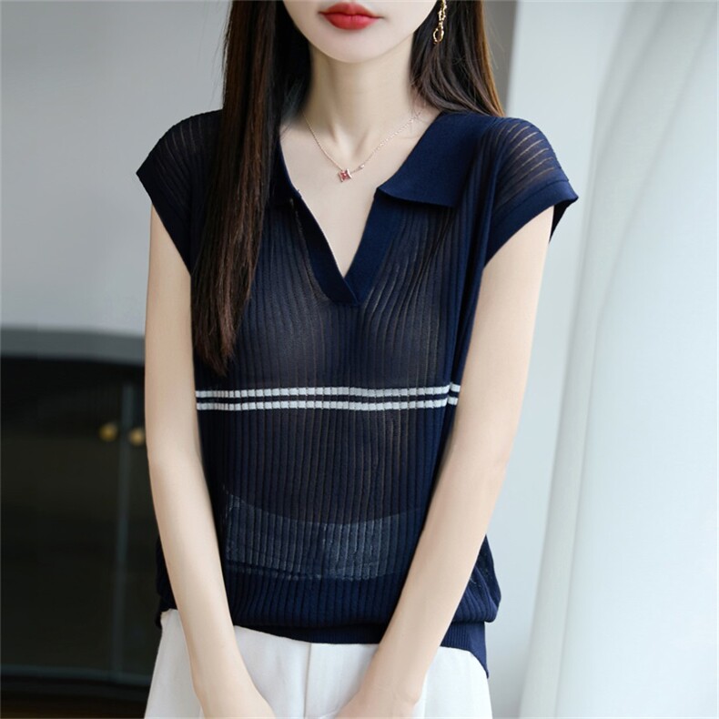 莱赛尔polo领针织小飞袖T恤女2025夏薄透气宽松短袖打底小上衣t恤,女装T恤,昭美羊绒