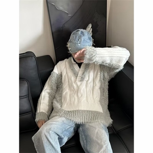 秋冬美式街头大V领毛绒拼接针织毛衣男女高街宽松上衣4912P60