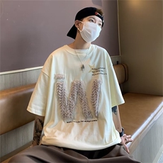 复古植绒短袖t恤男夏季潮牌宽松美式复古情侣半袖体恤衫ET019-P33，男装T恤，星座1008-1