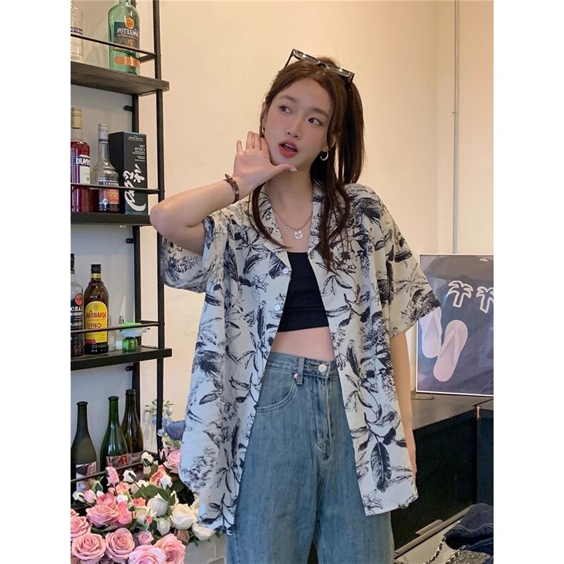 新中式水墨印花衬衫夏季女小个子宽松短袖复古港风碎花设计感上衣,男装衬衫,星座506A