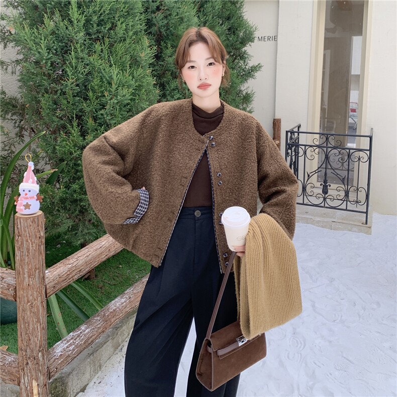 咖色美拉德复古毛呢外套女短款2025年秋冬新款韩版高级感呢子上衣,女装短外套,2C232