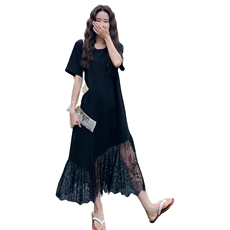 减龄优雅蕾丝拼接T恤黑色连衣裙女夏季2025新款今年流行爆款长裙，女装连衣裙，2C206