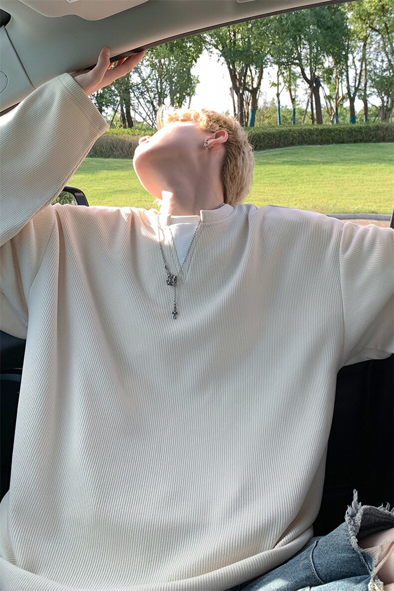 特批P35无差价秋季美式潮牌假两件肌理感V领长袖T恤上衣男士T1707,男装T恤,电商A001-1