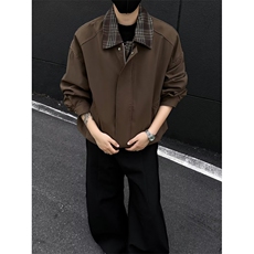 美式棕色假两件外套男春季巴恩风哈灵顿cleanfit穿搭休闲翻领夹克，男装夹克，四季星座505
