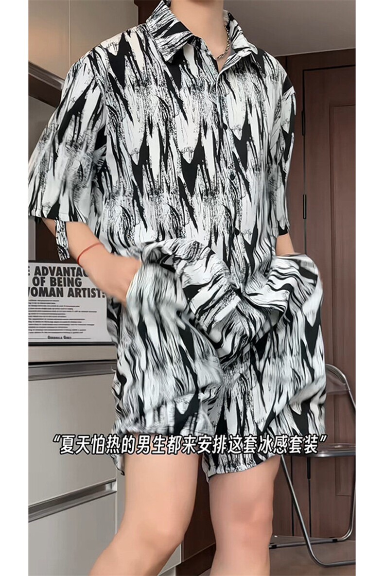 短袖衬衫男+短裤男套装男100%聚酯纤维M-5XL大码TZ78721P50控98,男装牛仔裤,星座226-1