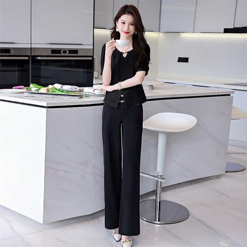 休闲时尚职业套装女2025夏新款时尚百搭拼接衬衫垂感阔腿裤两件套,女装套装/套裙,时尚俏佳人