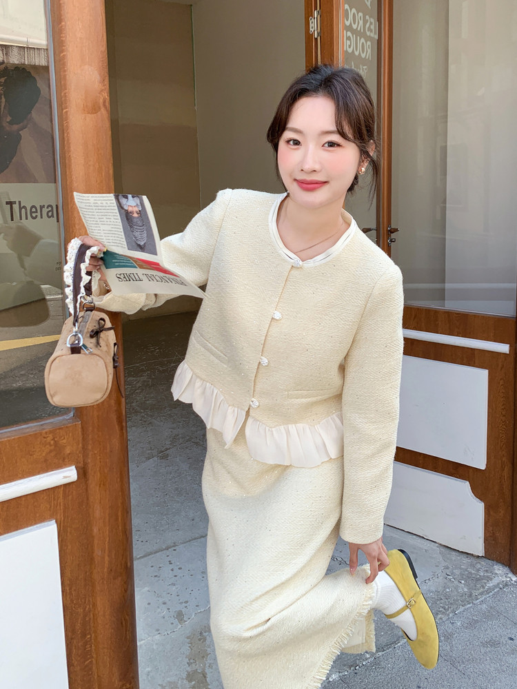 现货-2026年春季纯色拼接花边休闲时尚小香风两件套套装外套女,女装套装/套裙,霓裳依族