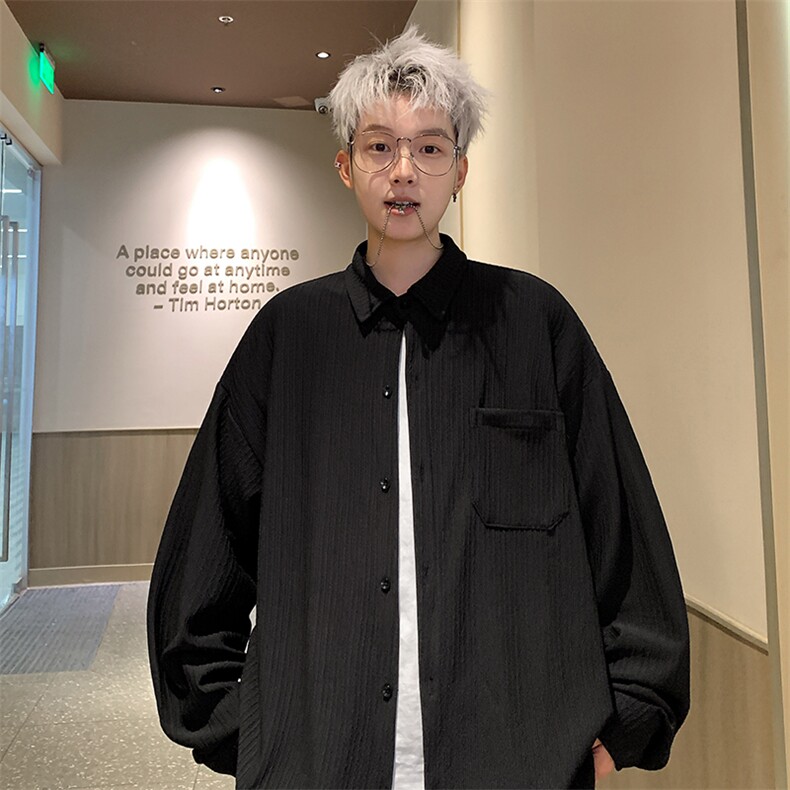 2025秋冬新款细条纹翻领大码衬衫港风男外套CS1802/特P30黑色,男装衬衫,电商A094