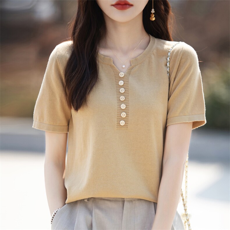 夏季新款100%纯棉针织衫短袖女圆领纽扣纯色T恤宽松打底半袖上衣，女装针织衫/毛衣，彩羽羊绒