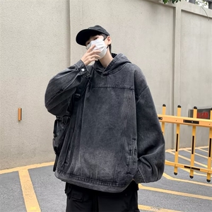 水洗复古情侣装牛仔卫衣连帽外套潮牌高街宽松帅气夹克衫2025 P63图片