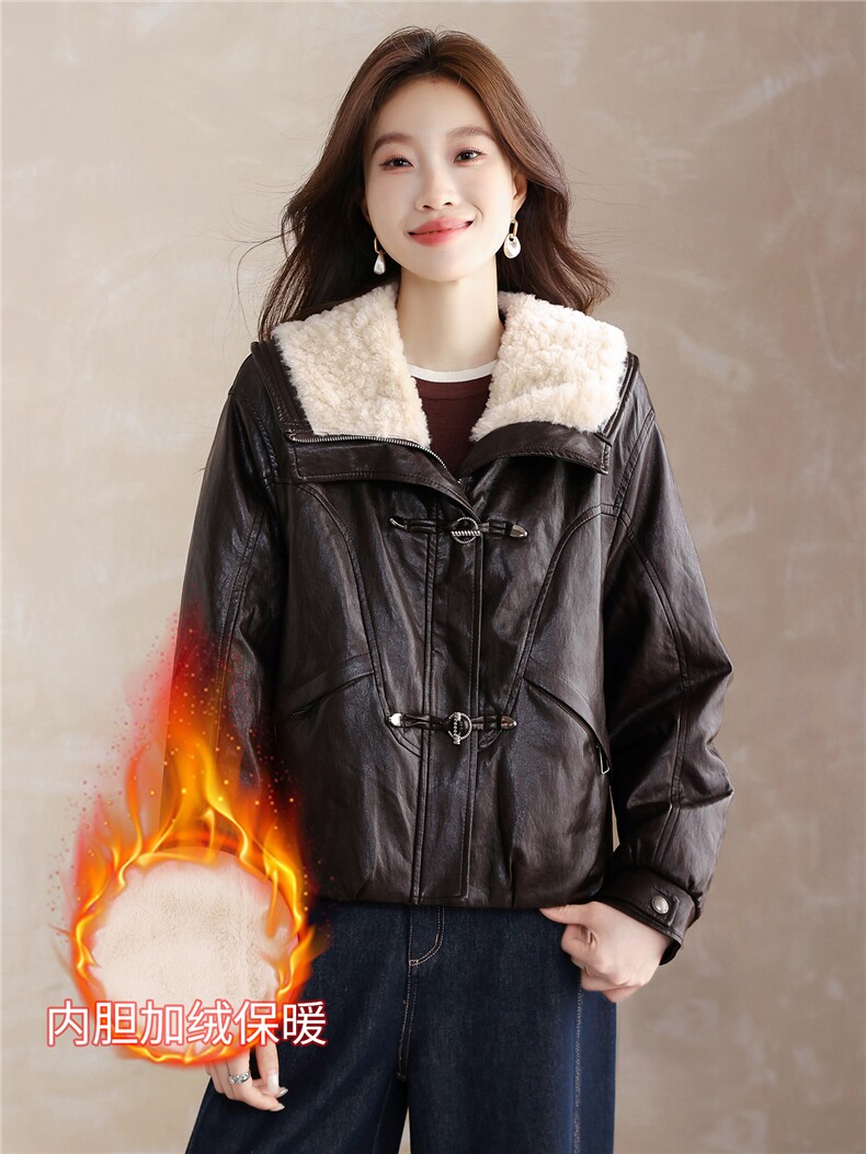 现货！现货！加绒加厚皮衣女2025冬季新款羊羔毛翻领棉衣棉服,女装棉衣/棉服,以桐
