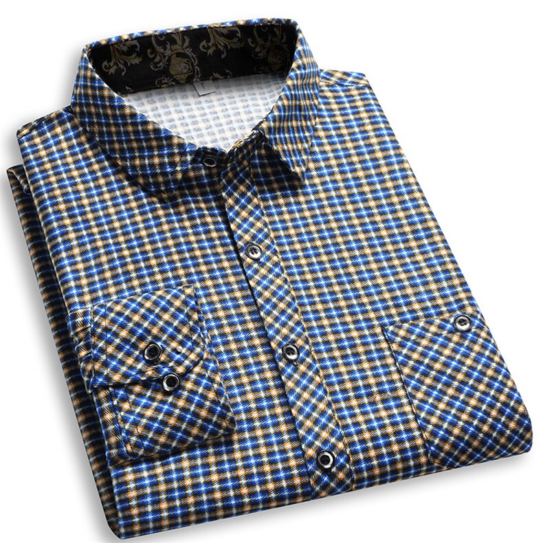 春秋季时尚休闲百搭条纹格子中老年长袖衬衫内含同款加绒9025-P19，男装衬衫，星座1706