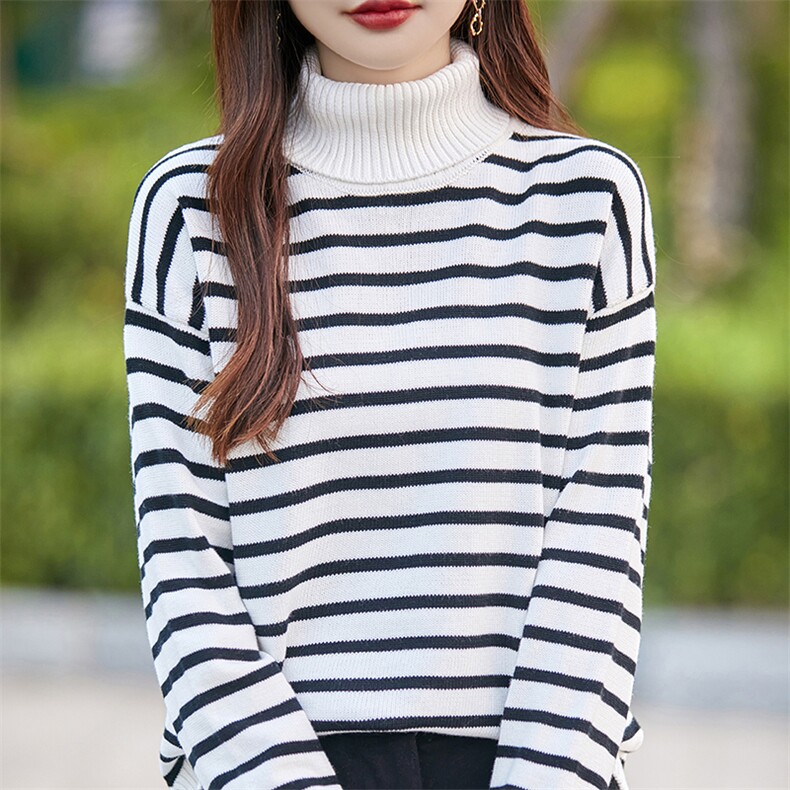 2025秋冬100%纯棉线高翻领加厚宽松款打底衫女条纹保暖针织衫毛衣,针织衫/毛衣,斯美雅电商供货