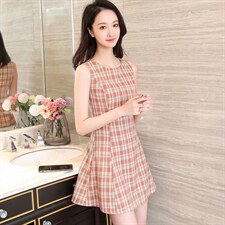 2021年夏季新款韩版修身格子无袖连衣裙，女装连衣裙，寒都衣屋