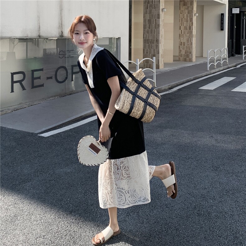 黑色蕾丝拼接连衣裙女中长款2025夏新款法式显瘦气质设计感鱼尾裙,女装连衣裙,秋水欣儿