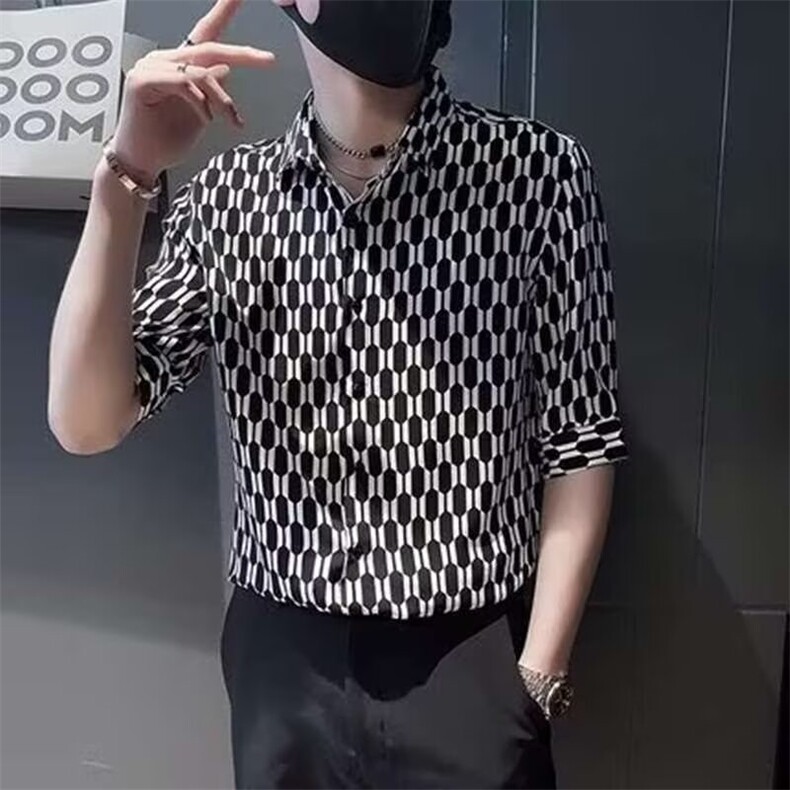 夏季潮牌新款痞帅男装七分袖衬衫高男士潮流上衣男级感短袖花衬衣图片