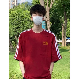 抖音得物高品质二开240克宽松纯棉美式潮牌三条杠织带短袖T恤图片