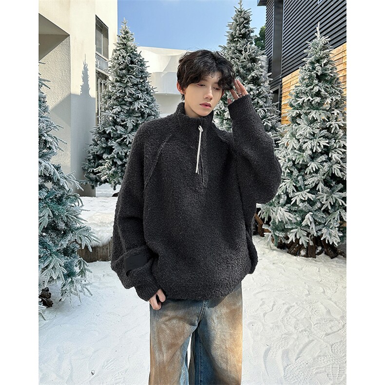 半拉链立领套头毛衣秋冬潮流宽松休闲慵懒风针织衫图片