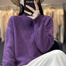 秋冬季新款修身显瘦半高领菱形纯色长袖羊毛衫，女装羊毛衫，宋氏羊绒