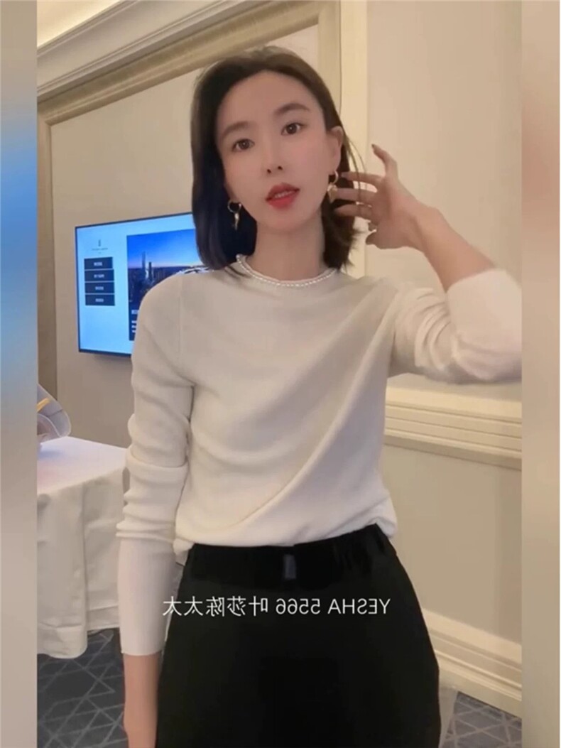 珍珠圆领打底衫女显瘦柔软长袖针织衫秋冬新款内搭毛衣图片
