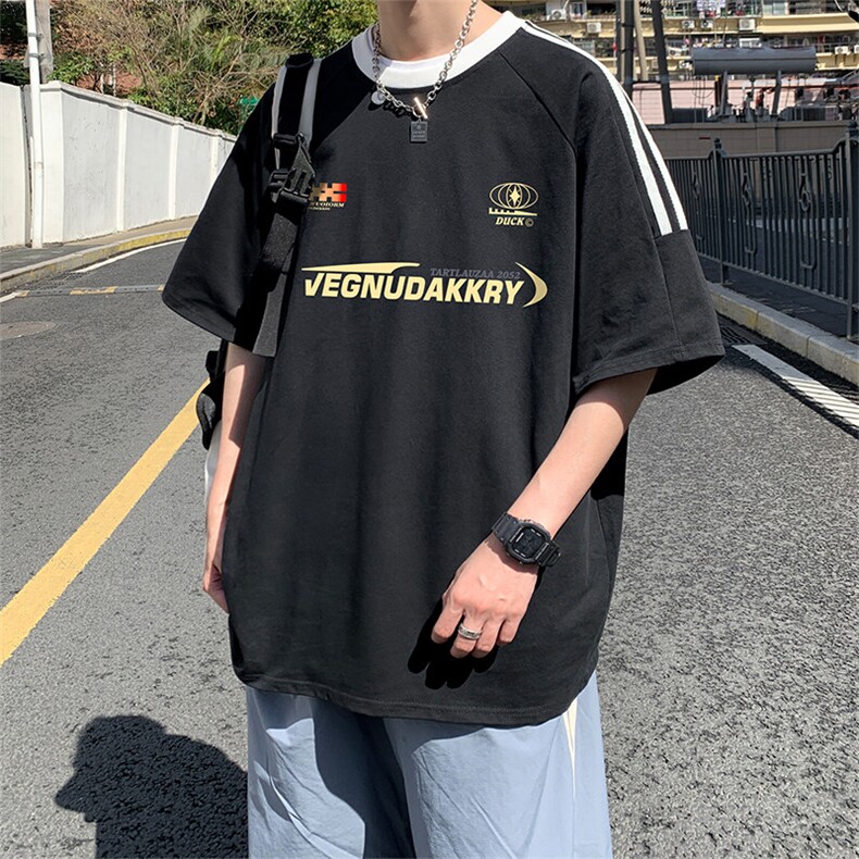 夏季美式高街重磅纯棉三条杠织带撞色男女短袖T恤ZD635-特P30图片