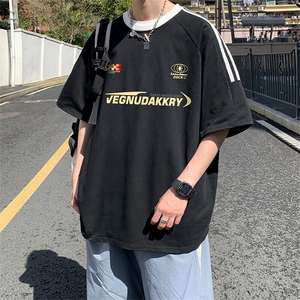 夏季美式高街重磅纯棉三条杠织带撞色男女短袖T恤ZD635-特P30图片