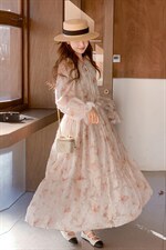 春现法式浪漫风长袖碎花落叶连衣裙B190-503-P145-K208，女装连衣裙，2B190
