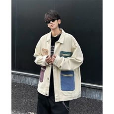 美式撞色拉链多口袋牛仔外套男宽松设计感工装夹克上衣W6310-P75，男装夹克，星座412-3