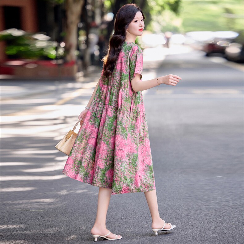 洋气减龄印花棉麻连衣裙女2026夏季V领气质宽松休闲遮肚显瘦裙子,女装连衣裙,倪叶myz
