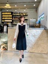 韩版甜美淑女时尚气质高雅淑女收腰拼色连衣裙，女装连衣裙，荷塘月色