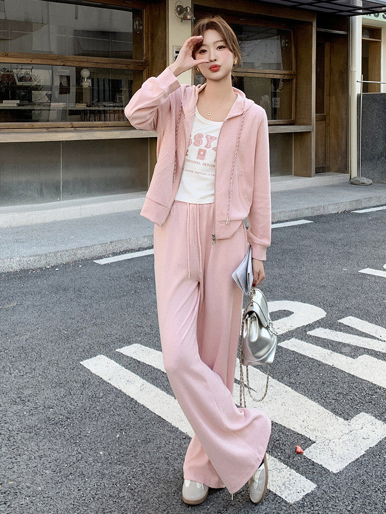 粉色慵懒风连帽休闲卫衣套装女春季2025年新款减龄阔腿长裤两件套,女装套装/套裙,蝶眷